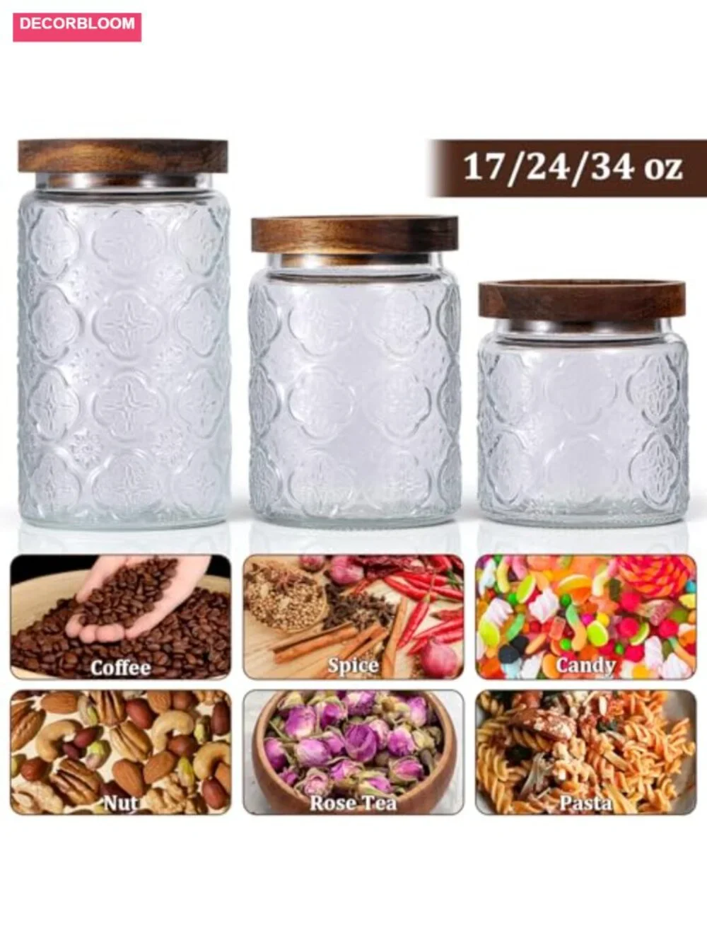 Vintage Glass Food Storage Jars 3-Pack Airtight Wood Lids Kitchen Canisters